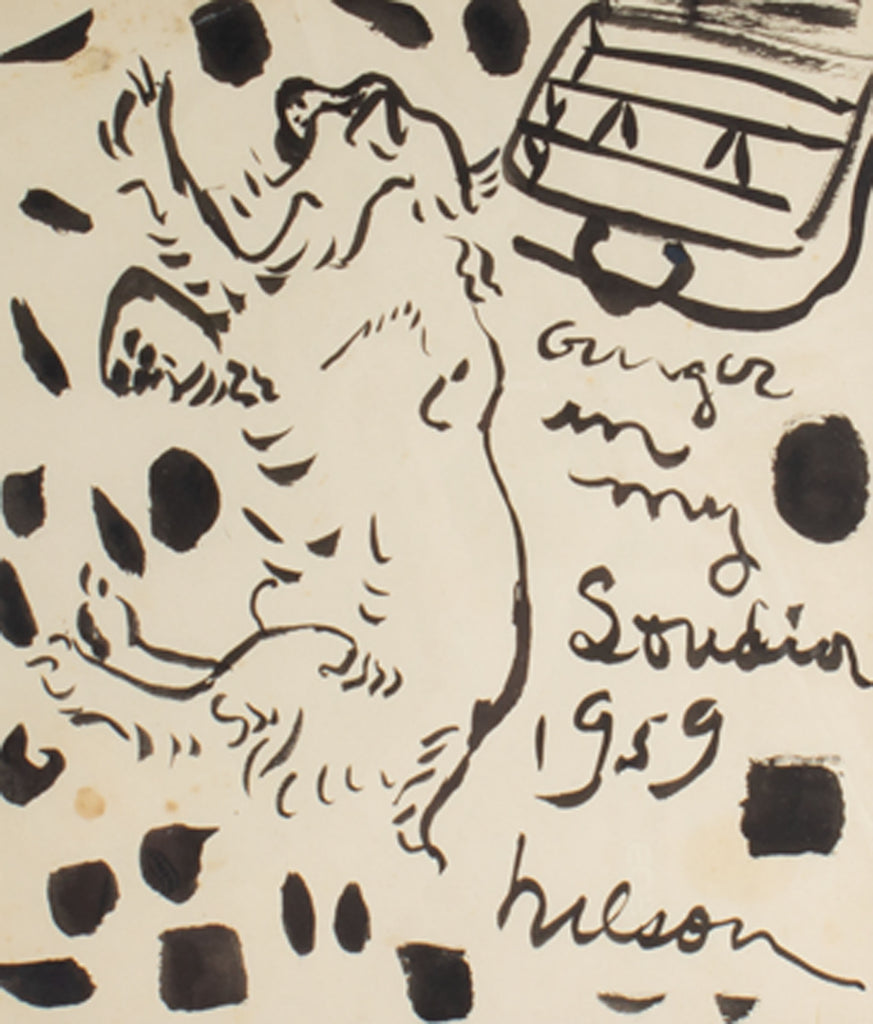 Harry Hilson Signed 1959 “Ginger in my Studio” Abstract Ink Drawing