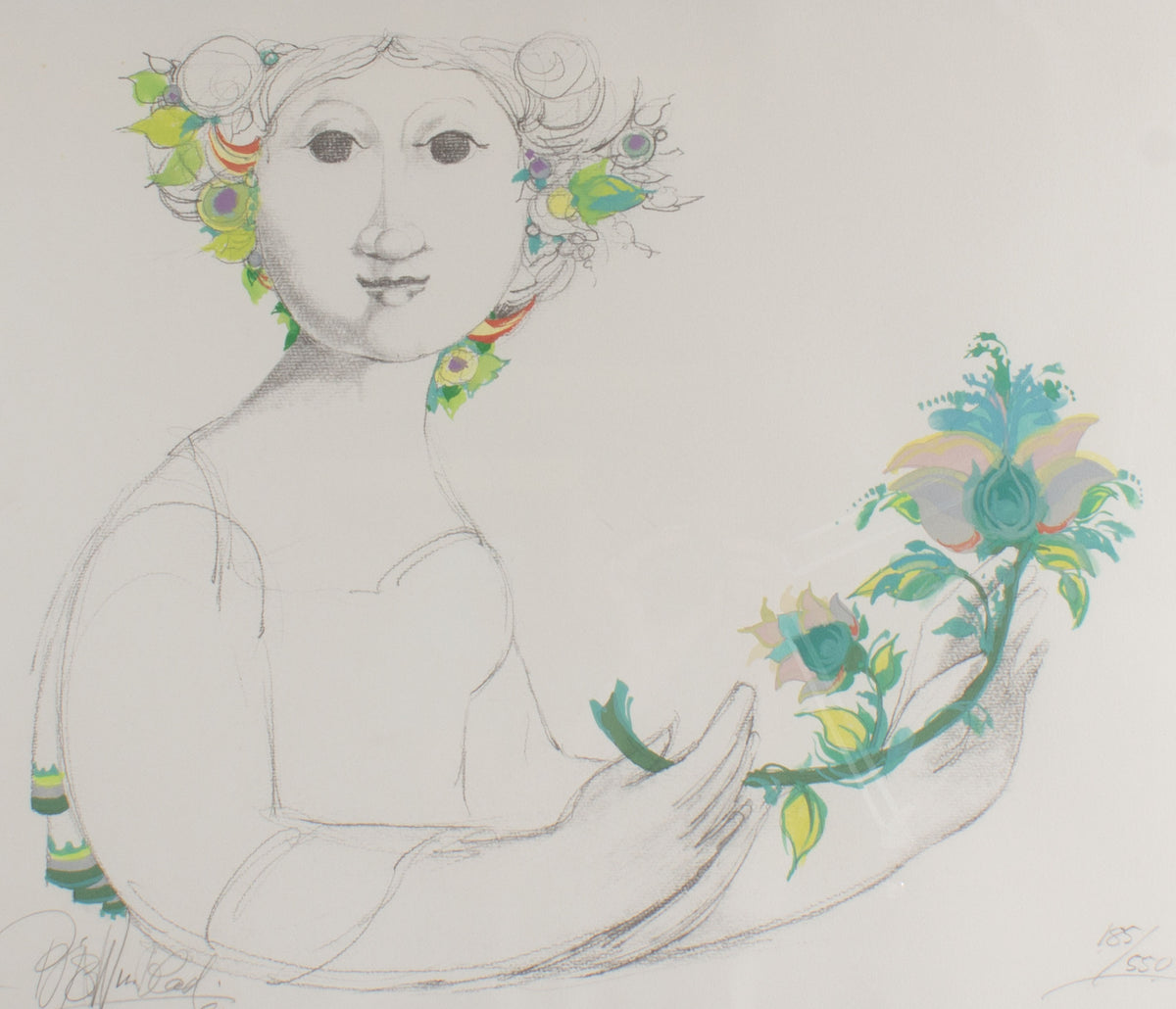 Bjorn Wiinblad Signed 1991 HandColored Print of a Woman Sheafer