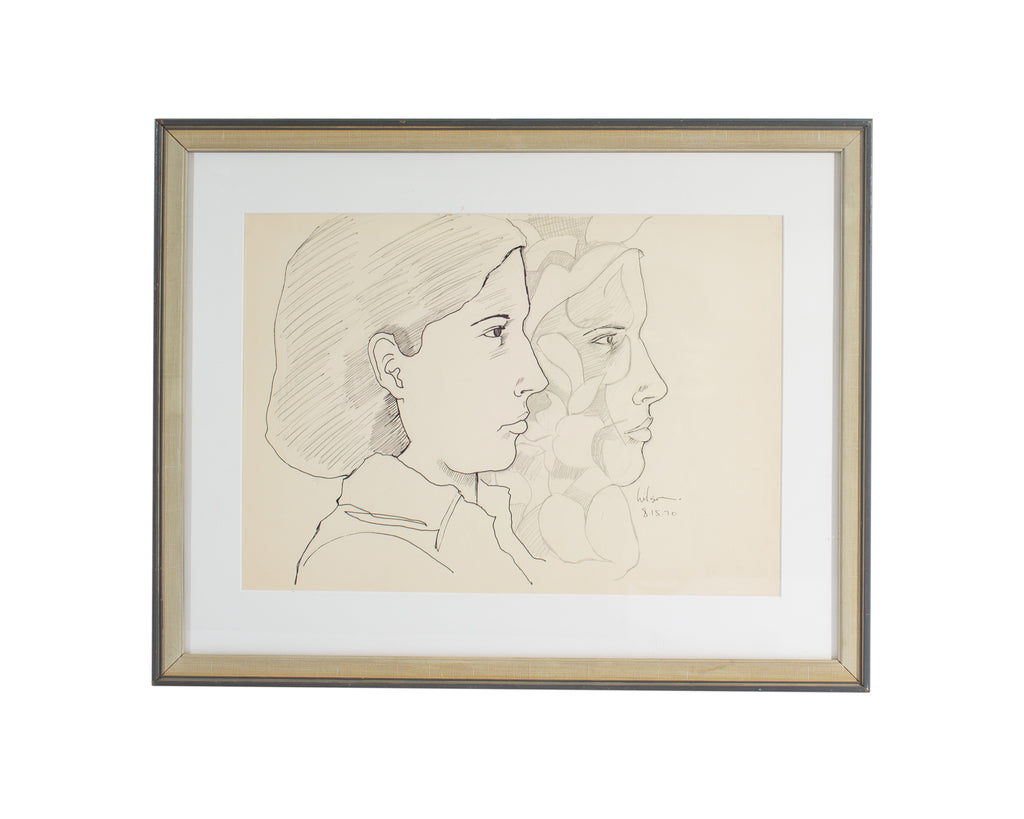 Harry Hilson Signed 1970 Ink and Pencil Drawing of a Woman