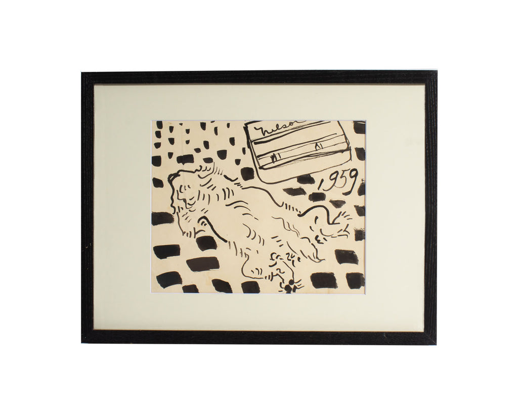 Harry Hilson Signed 1959 Abstract Ink Drawing of a Dog