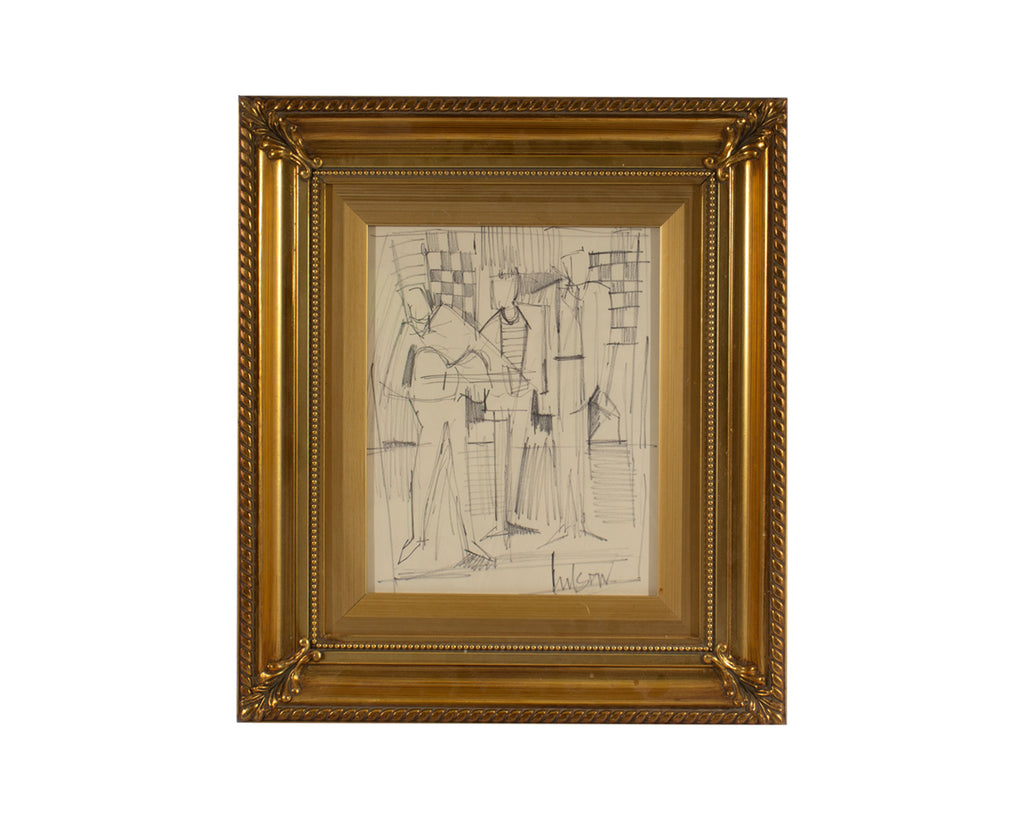 Harry Hilson Signed Cubist Style Marker Drawing of Three Figures