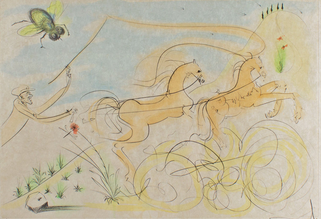 Salvador Dali Signed 1974 “The Coach and the Fly” Drypoint Etching with Pochoir from “Le Bestiaire de la Fontaine”