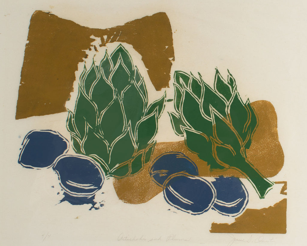 June Skowronski Onesti Signed “Artichokes and Plums” Limited Edition Woodblock Print