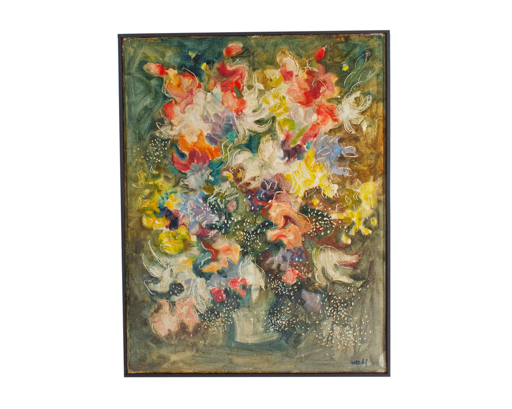 Mid-Century Abstract Floral Still Life Oil on Canvas Painting