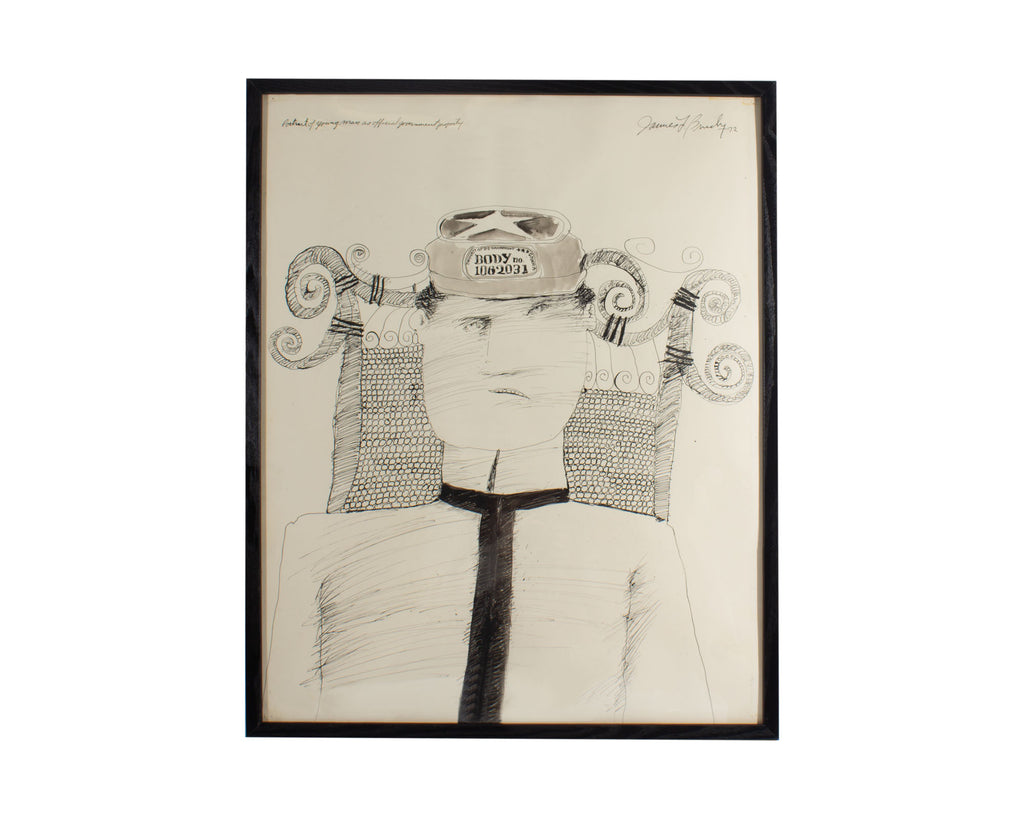 James L. Bruch Signed 1972 “Portrait of young man as official government property” Abstract Ink Drawing