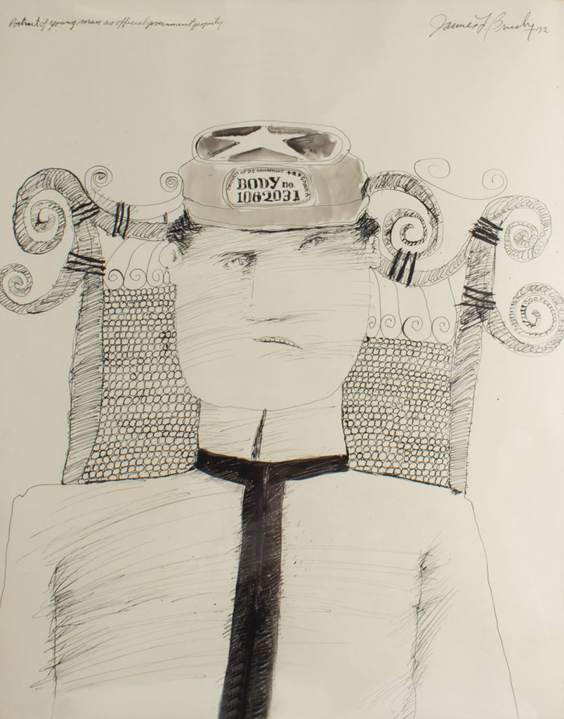 James L. Bruch Signed 1972 “Portrait of young man as official government property” Abstract Ink Drawing