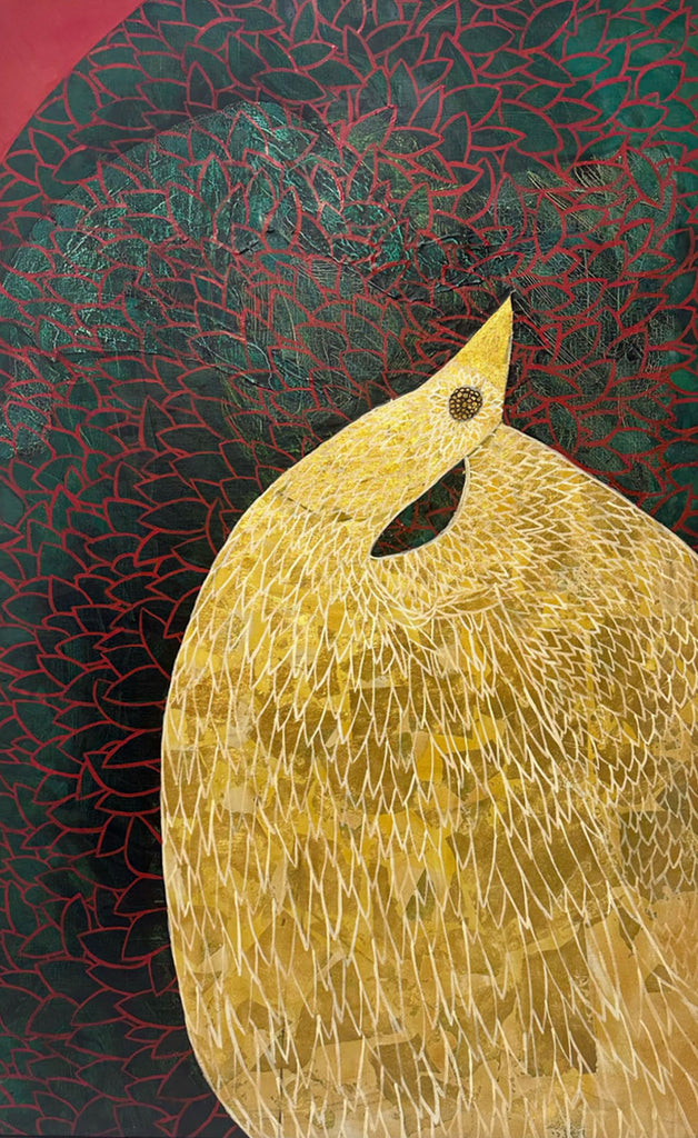 Gerald G. Boyce Abstract Oil and Gold Leaf Painting of a Bird