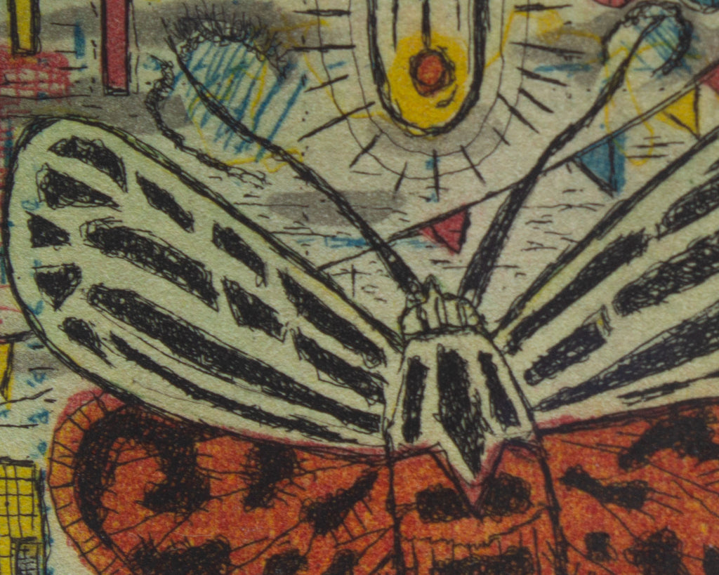 Tony Fitzpatrick Signed 2011 “Black Friday Moth” Limited Edition Color Etching