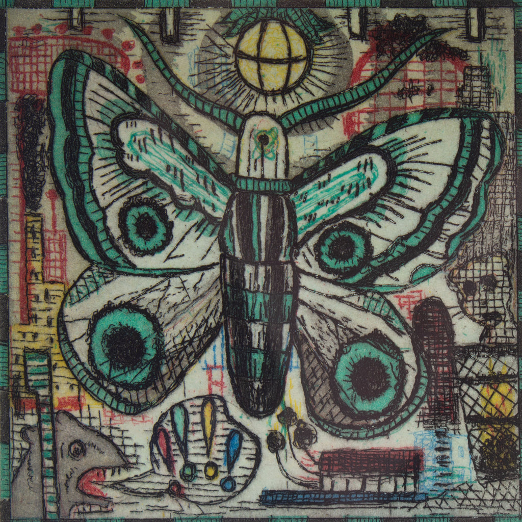 Tony Fitzpatrick Signed 2012 “Wint-O-Green Moth” Limited Edition Color Etching