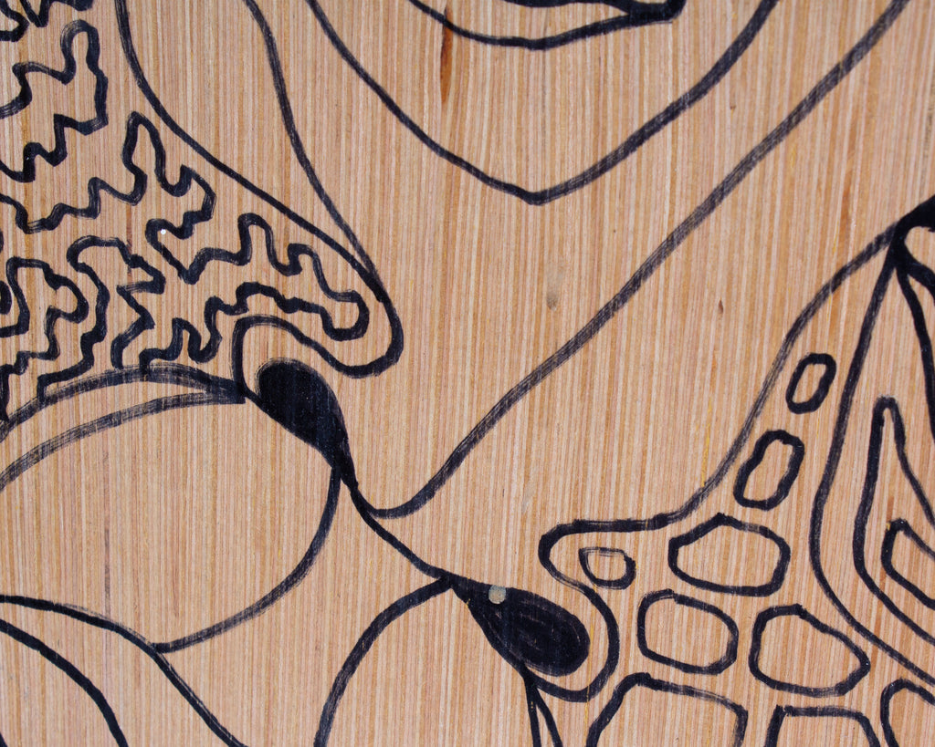 R.A. Buys Signed “7 Billion People, 14 Billion Faces” Abstract Paint Pen on Wood Drawing