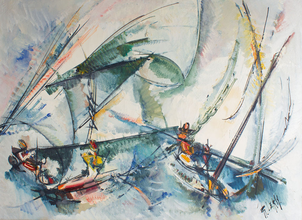 Roger Lersy Signed Abstract Oil on Canvas of Boats