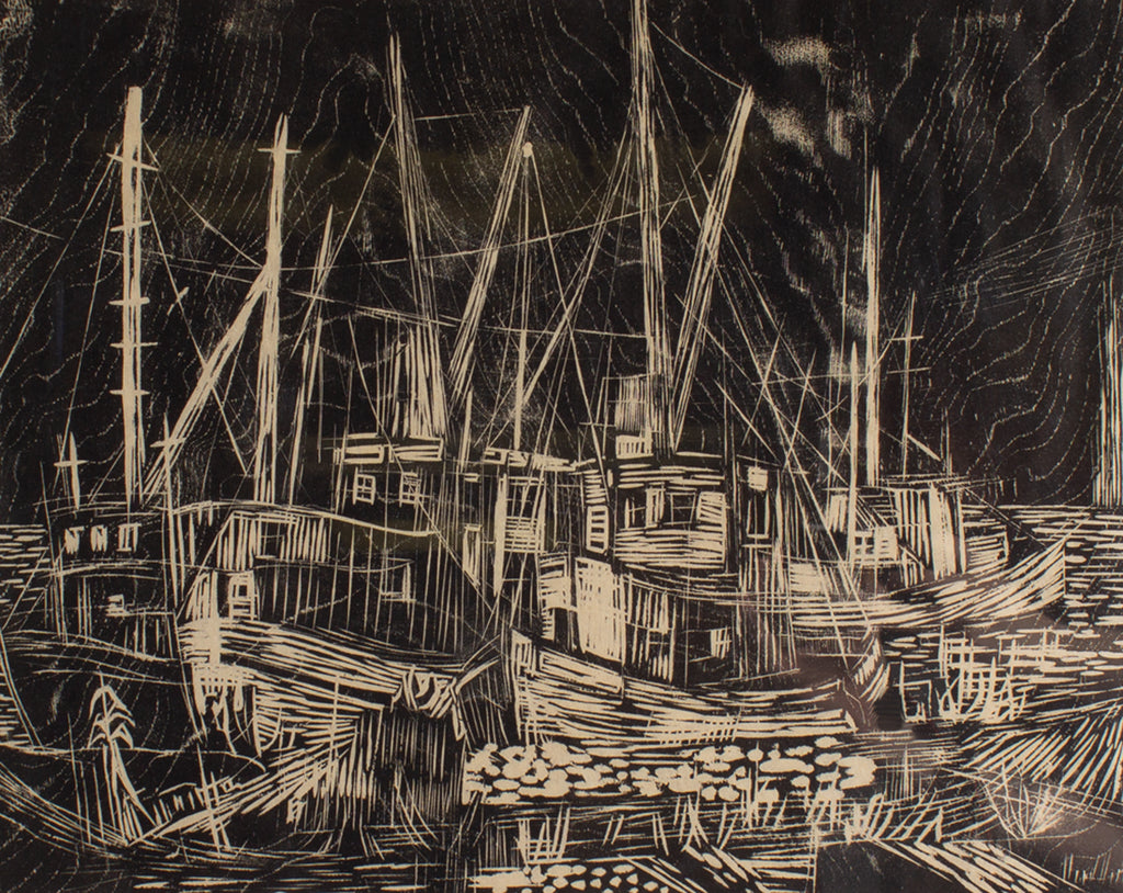 M.L. Oyess Signed “Docks” Limited Edition Woodblock Print
