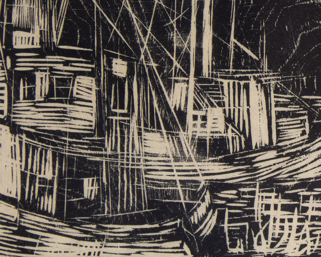 M.L. Oyess Signed “Docks” Limited Edition Woodblock Print