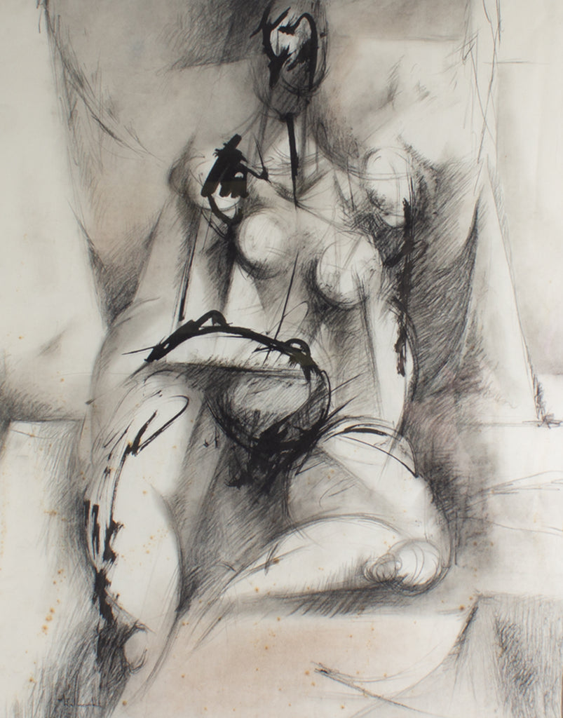 Abstract Ink and Charcoal Drawing of a Nude Figure