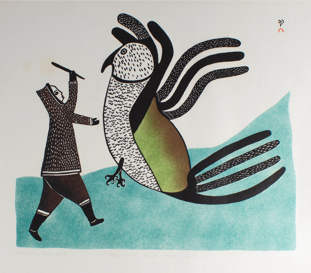 Lucy Qinnuayuak Signed 1981 “Attacked by a Giant Bird” Stonecut and Stencil