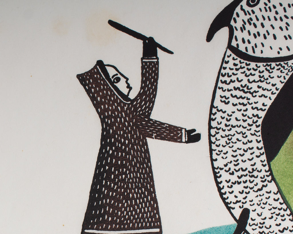 Lucy Qinnuayuak Signed 1981 “Attacked by a Giant Bird” Stonecut and Stencil