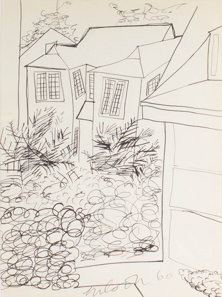 Harry Hilson Signed 1960 Abstract Ink Drawing of Houses
