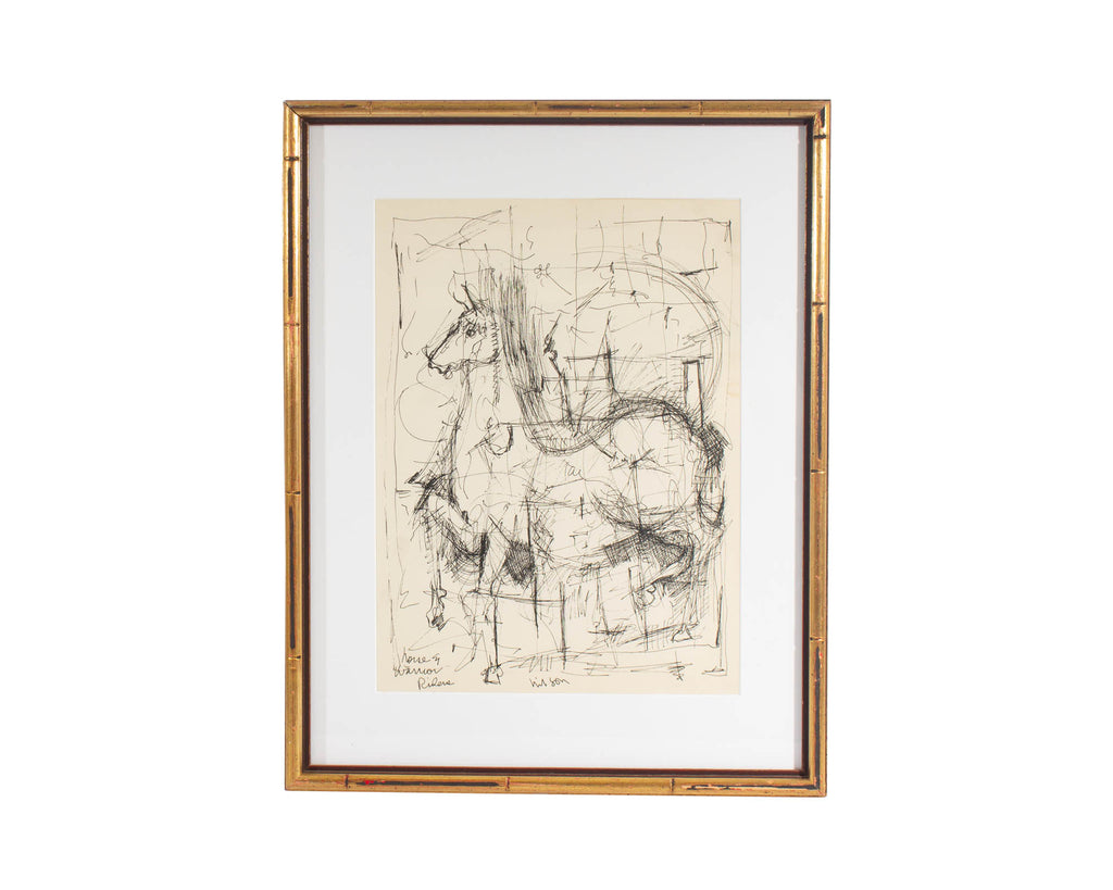 Harry Hilson Signed “Horse and Warrior Riders” Abstract Ink Drawing