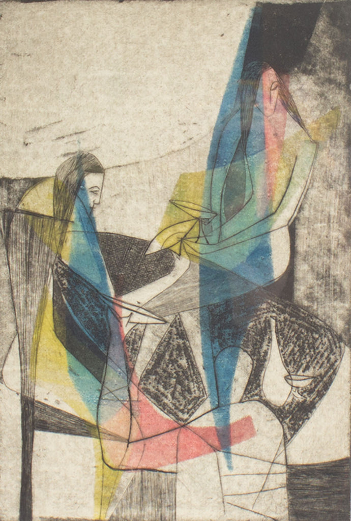 Rhoda Goldfinger Signed 1955 Abstract Aquatint of Two Figures