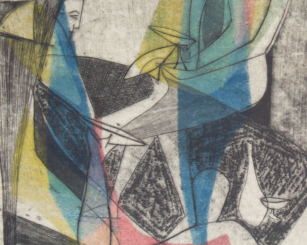 Rhoda Goldfinger Signed 1955 Abstract Aquatint of Two Figures