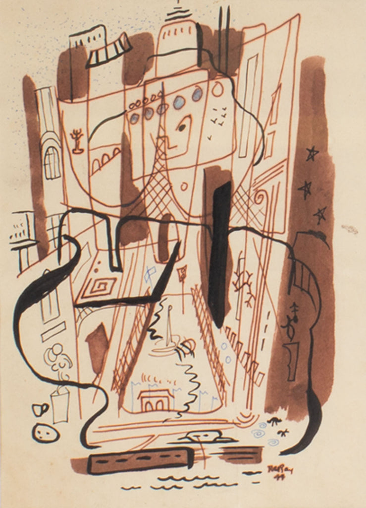 Robert C. Ray Signed 1944 Abstract Cityscape Ink Drawing