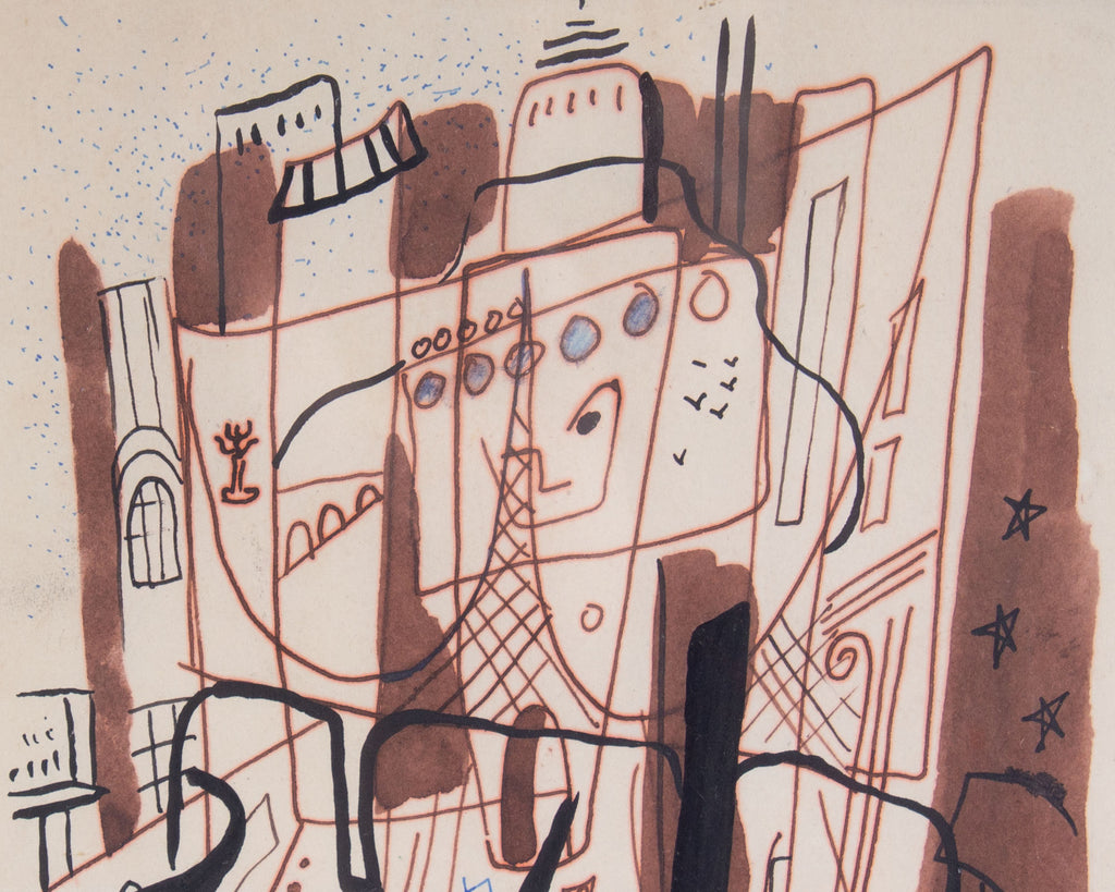 Robert C. Ray Signed 1944 Abstract Cityscape Ink Drawing