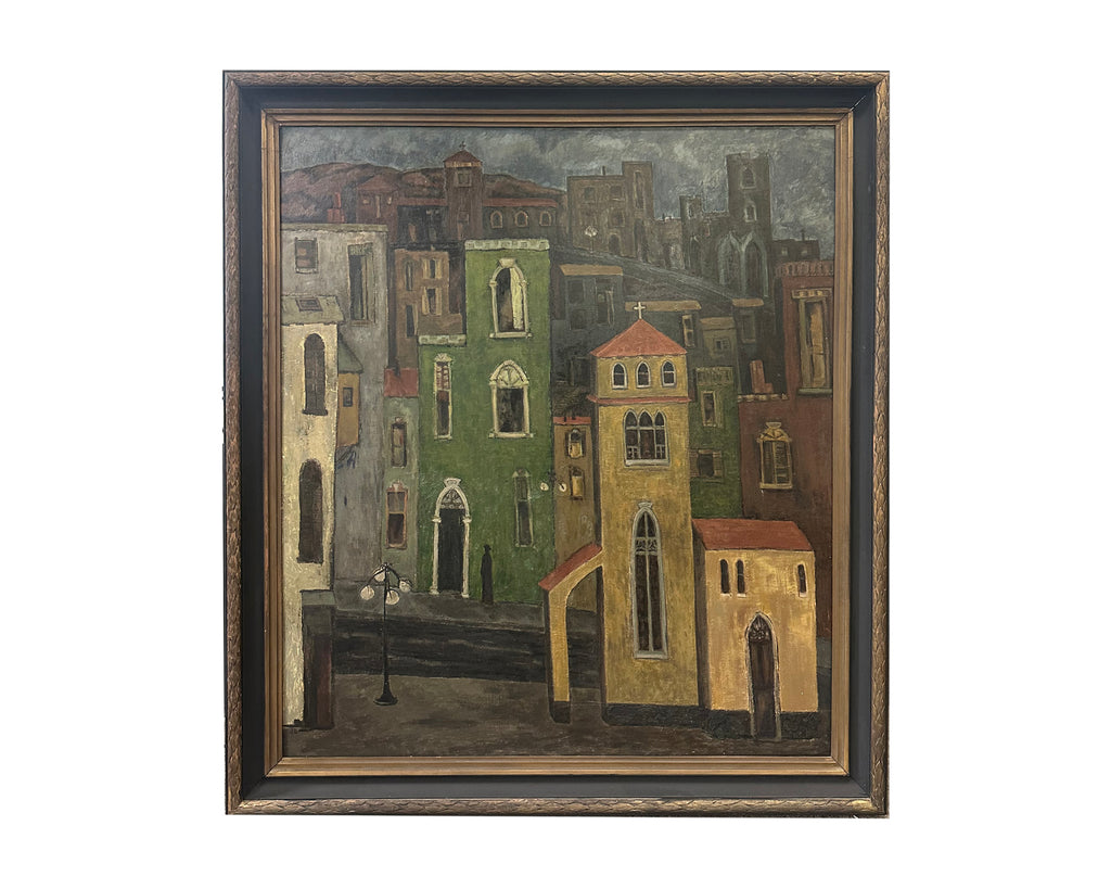 James Doversberger 1950s Oil on Board Cityscape Painting