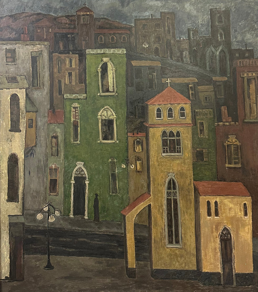 James Doversberger 1950s Oil on Board Cityscape Painting