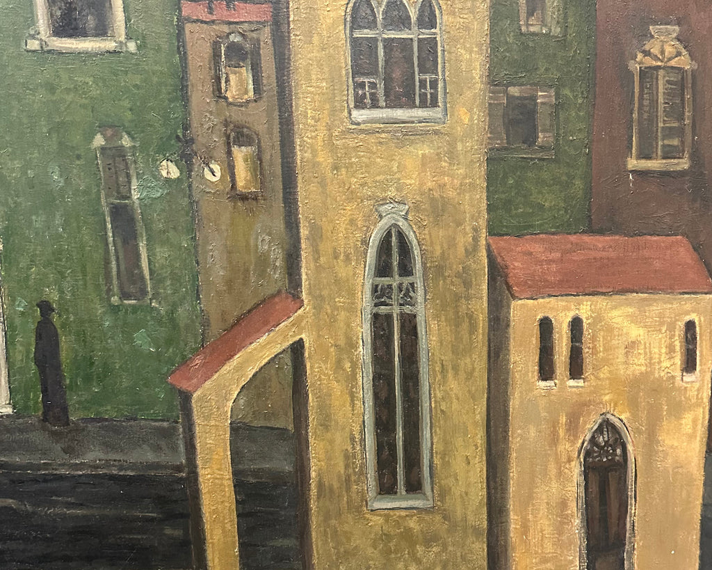 James Doversberger 1950s Oil on Board Cityscape Painting