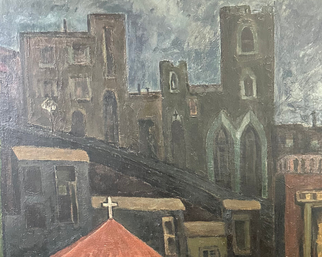 James Doversberger 1950s Oil on Board Cityscape Painting