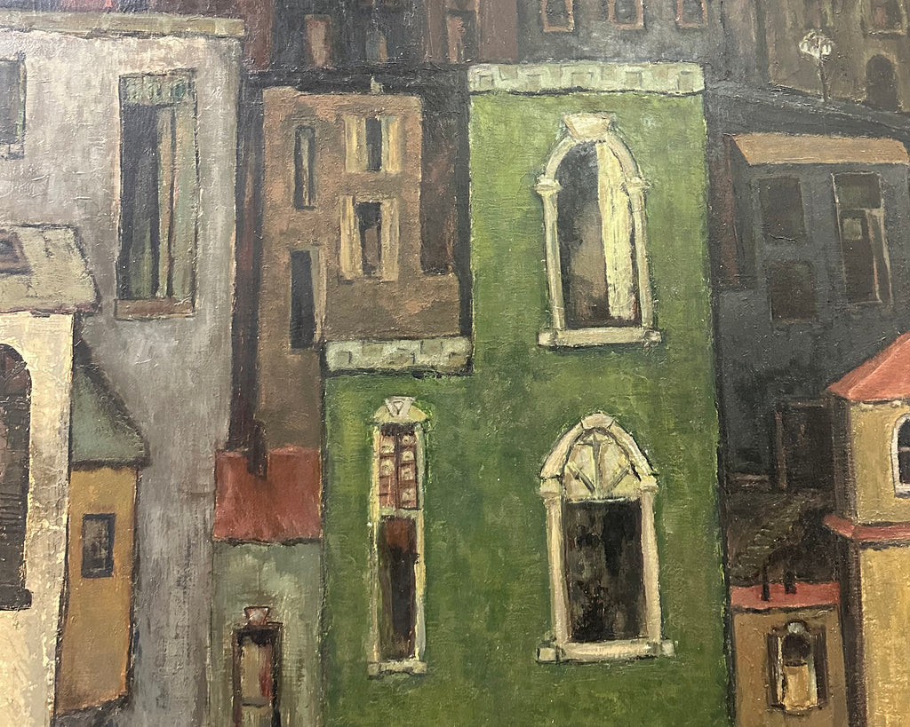 James Doversberger 1950s Oil on Board Cityscape Painting