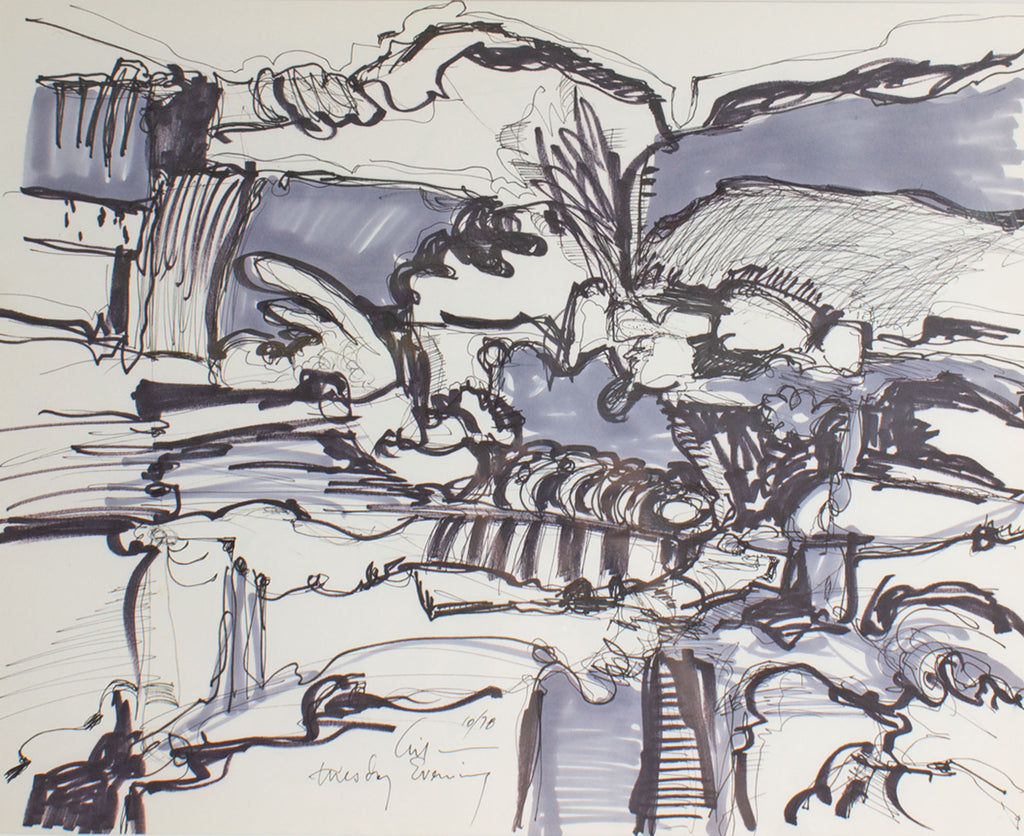 Harry Hilson Signed 1978 “Tuesday Evening” Abstract Marker and Ink Drawing