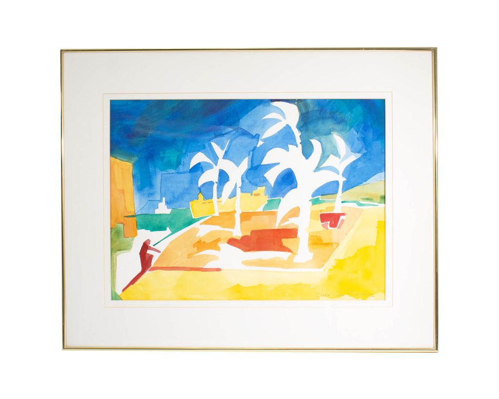 Norma Jean Bruckner Signed 1999 Abstract Watercolor of Palm Trees