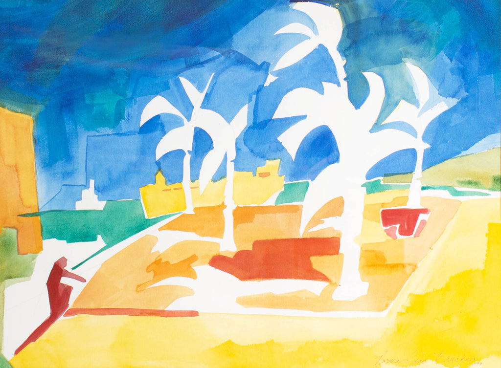 Norma Jean Bruckner Signed 1999 Abstract Watercolor of Palm Trees