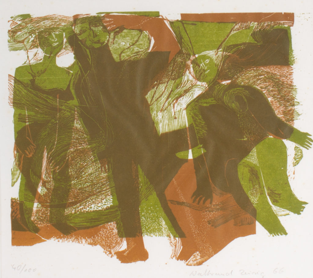 1966 Abstract Woodblock Print of Figures