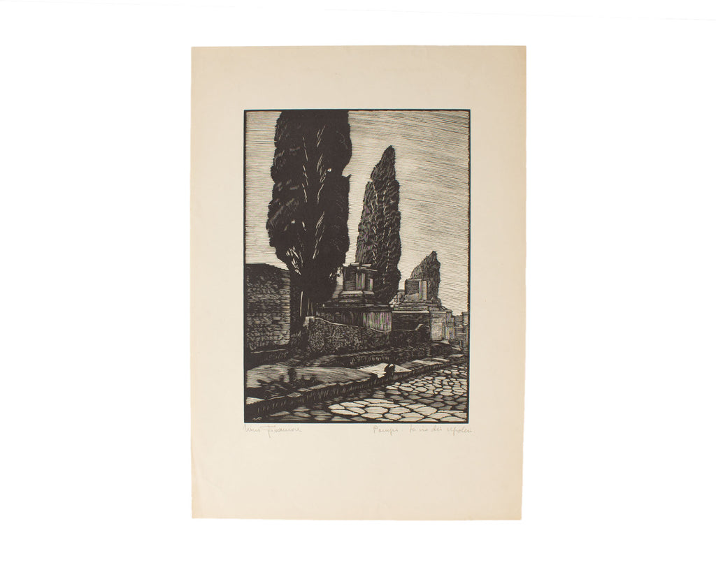 Nino Finamore 1930s “Pompeii - the road of the tombs” Woodcut Print