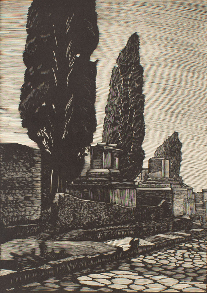 Nino Finamore 1930s “Pompeii - the road of the tombs” Woodcut Print
