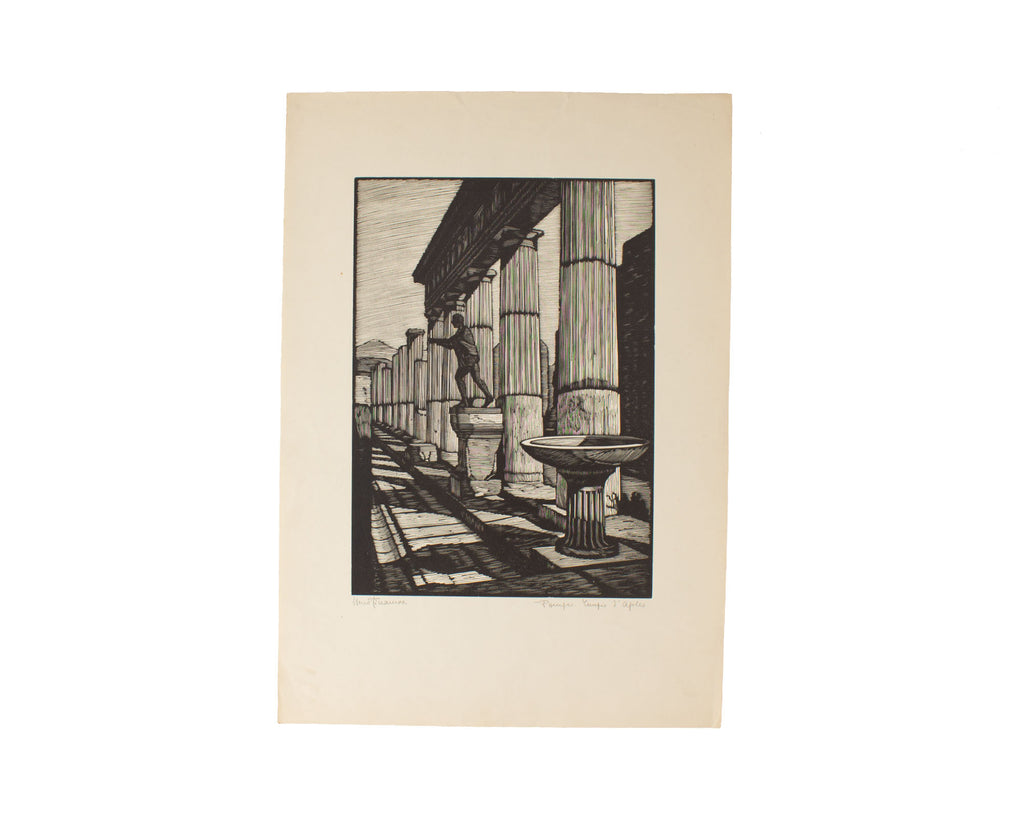 Nino Finamore 1930s “Pompeii - Temple of Apollo” Woodcut Print