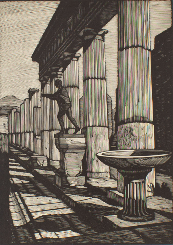 Nino Finamore 1930s “Pompeii - Temple of Apollo” Woodcut Print