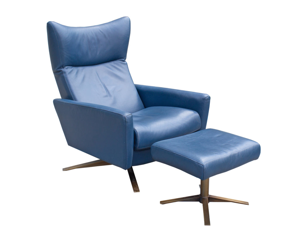 American Leather “Stratus” Blue Leather Recliner Chair and Ottoman