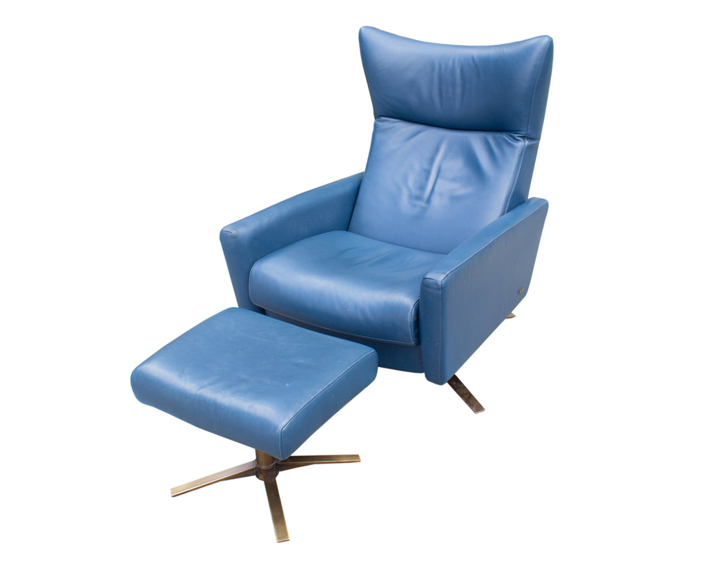 American Leather “Stratus” Blue Leather Recliner Chair and Ottoman