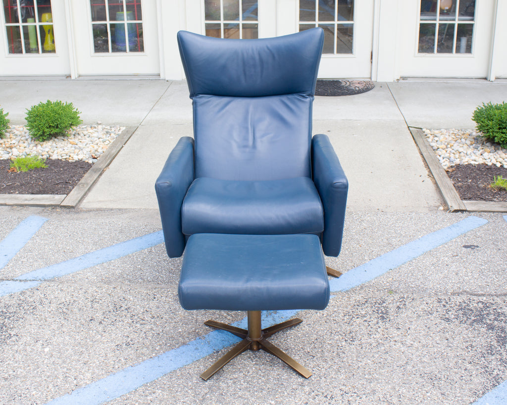 American Leather “Stratus” Blue Leather Recliner Chair and Ottoman