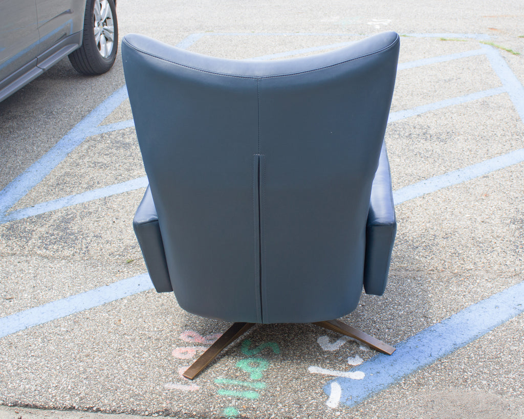 American Leather “Stratus” Blue Leather Recliner Chair and Ottoman