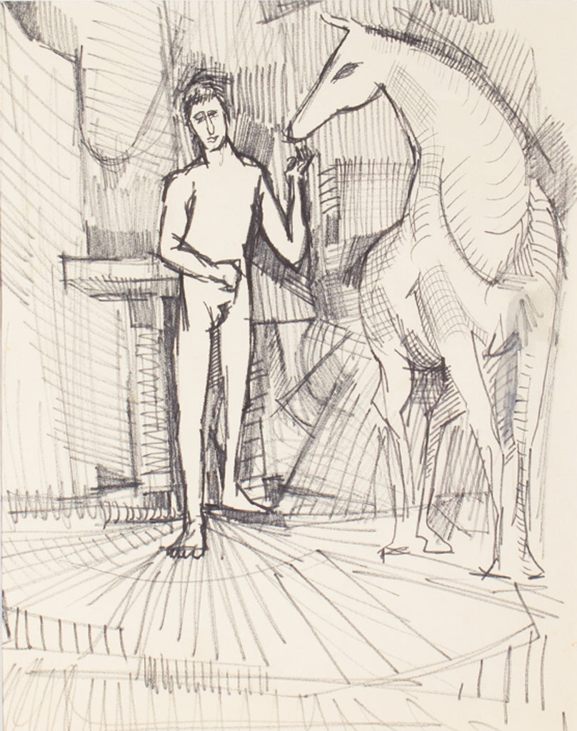 Harry Hilson 1960s Ink Drawing of a Man with Horse