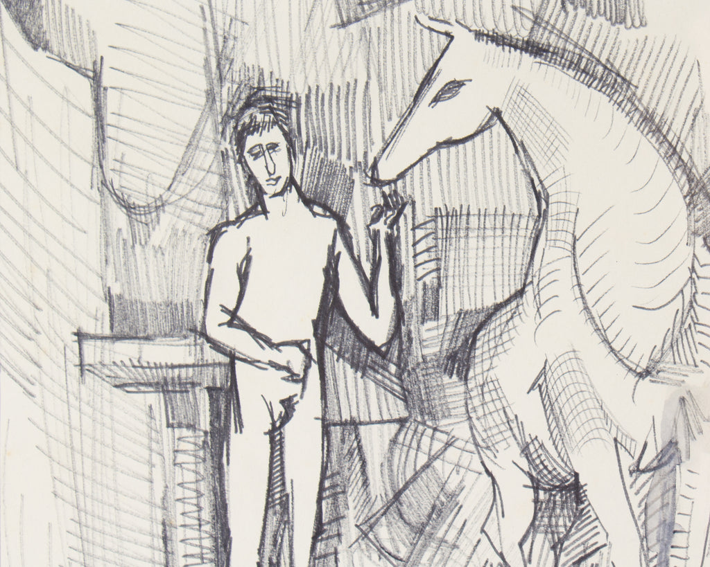 Harry Hilson 1960s Ink Drawing of a Man with Horse