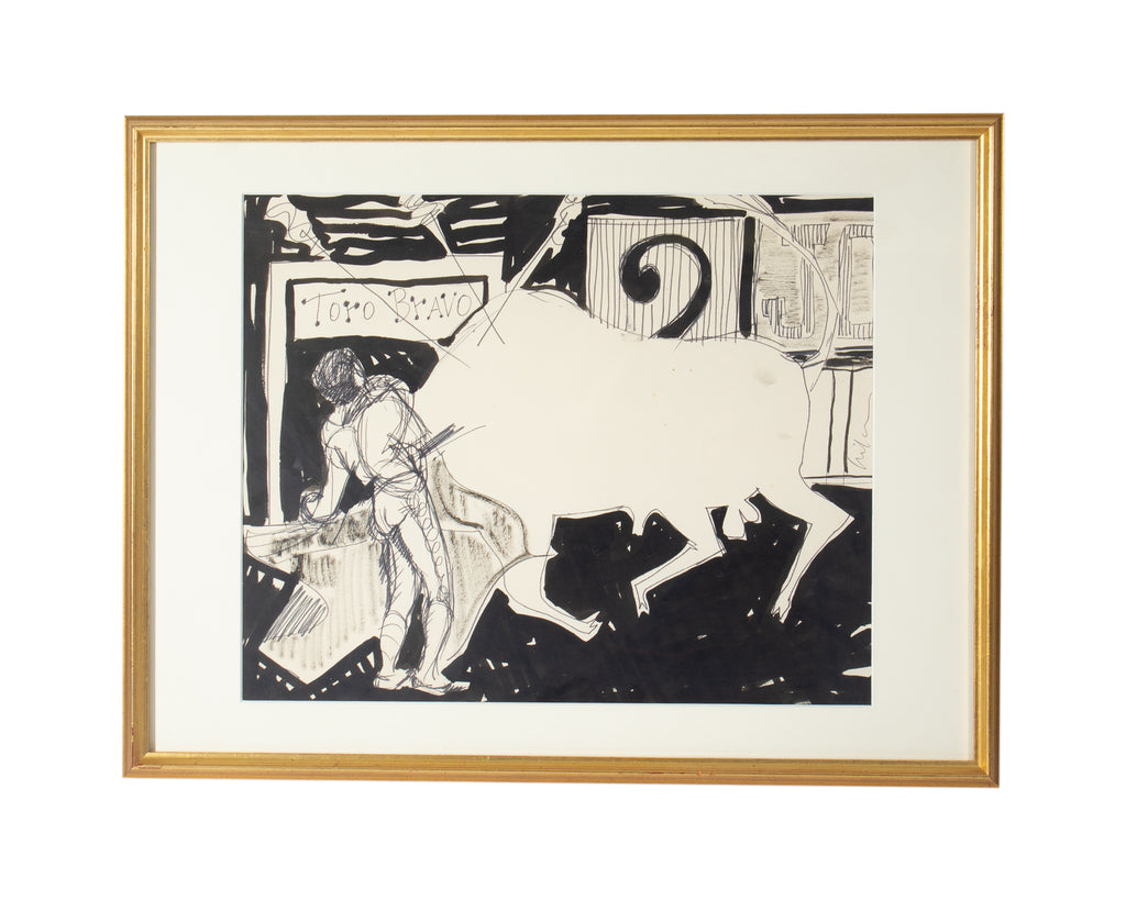 Harry Hilson “Toro Bravo” Bull Fighting Ink Drawing