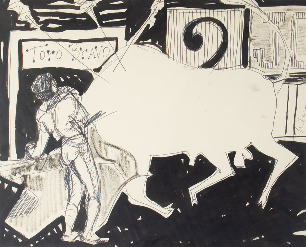Harry Hilson “Toro Bravo” Bull Fighting Ink Drawing
