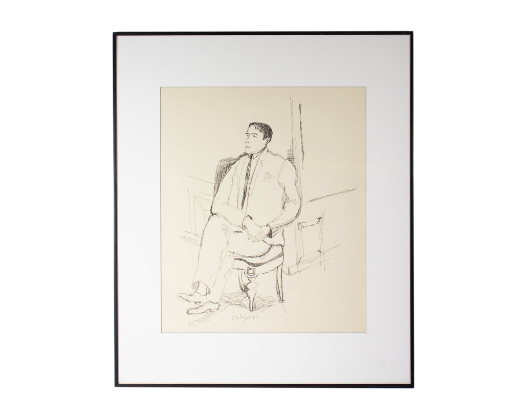 Harry Hilson 1960s Ink Portrait Drawing of Seated Man
