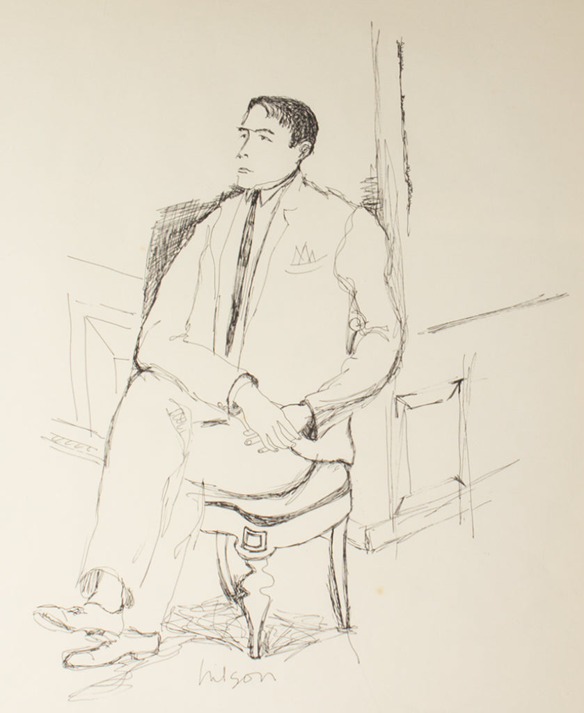 Harry Hilson 1960s Ink Portrait Drawing of Seated Man