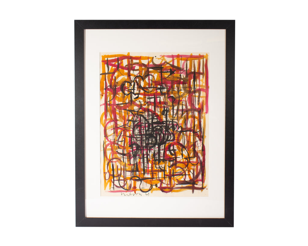 Harry Hilson 1961 Abstract Ink and Watercolor Painting
